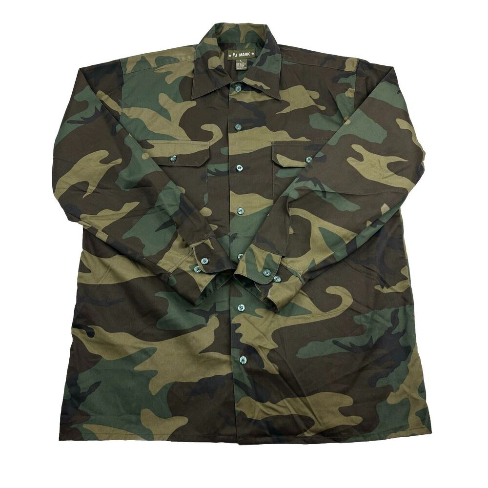 PJ Mark Button Up Shirt Mens Large Woodland Camo Long Sleeve Metallic Buttons